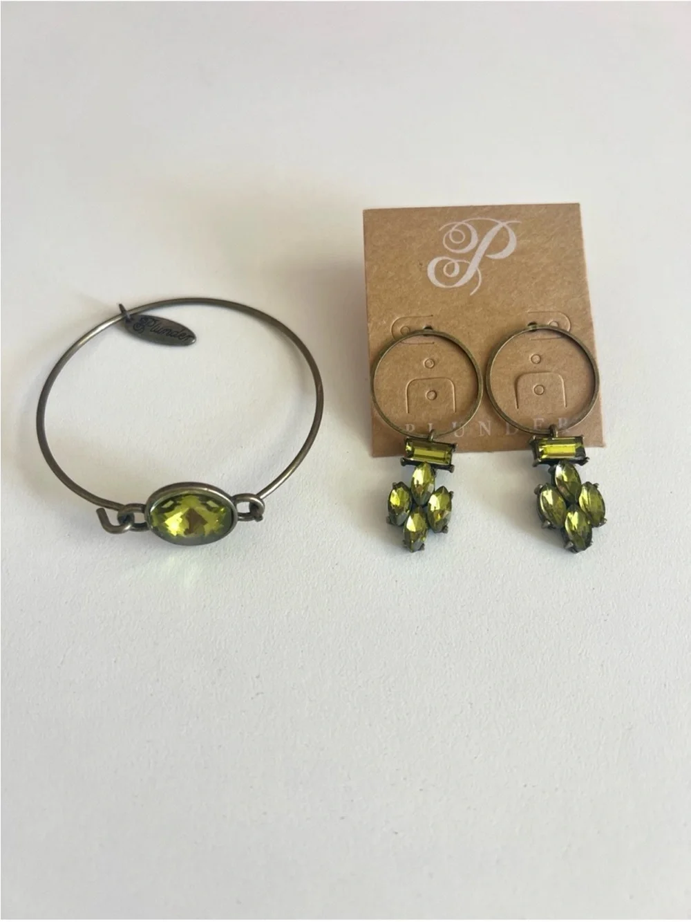 Plunder Vintage-Inspired Green Crystal Round Bracelet and Earrings Set